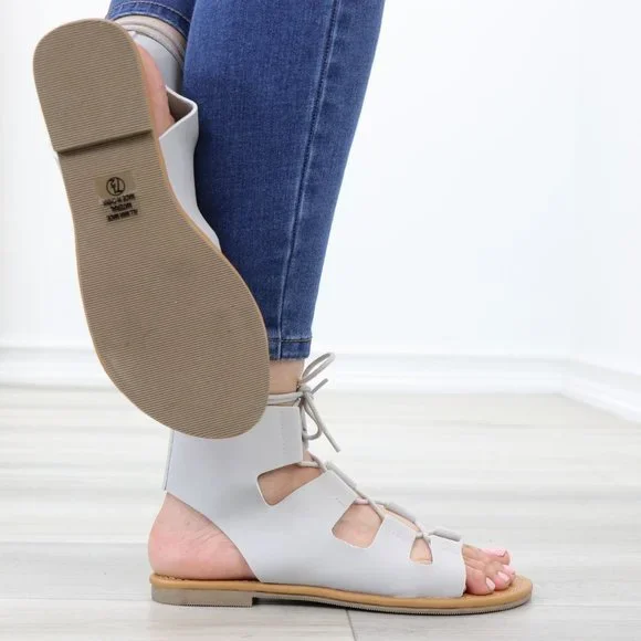 Gray Gladiator Laced-Up Bootie Style Flat Sandals - Picture 5 of 14